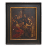 Flemish 18th century framed religious oil on wood painting Adoration of the
