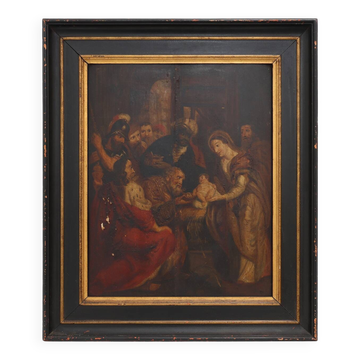 Flemish 18th century framed religious oil on wood painting Adoration of the