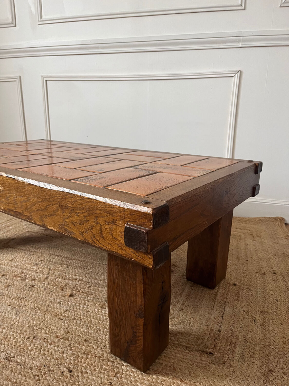 Oak and ceramic coffee table from the mid-20th century.