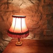 Vintage lamp, pink fringed pagoda shade and brass base.