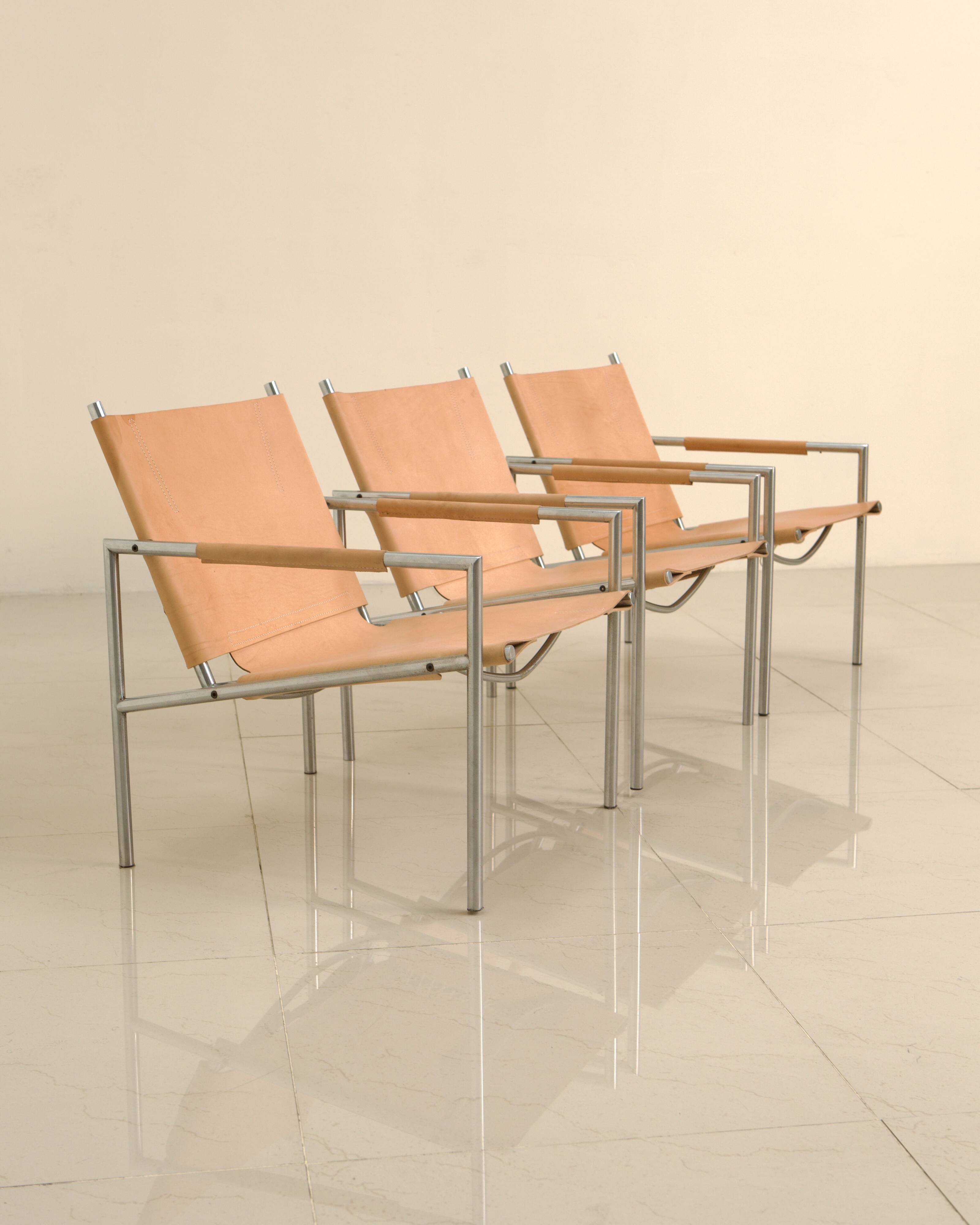 3 "SZ02" armchairs in natural beige leather by Martin Visser for Spectrum 60's