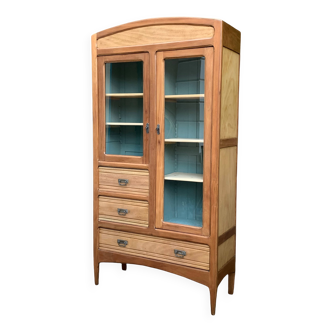 Parisian hotel cabinet with glass doors, raw wood, 1930