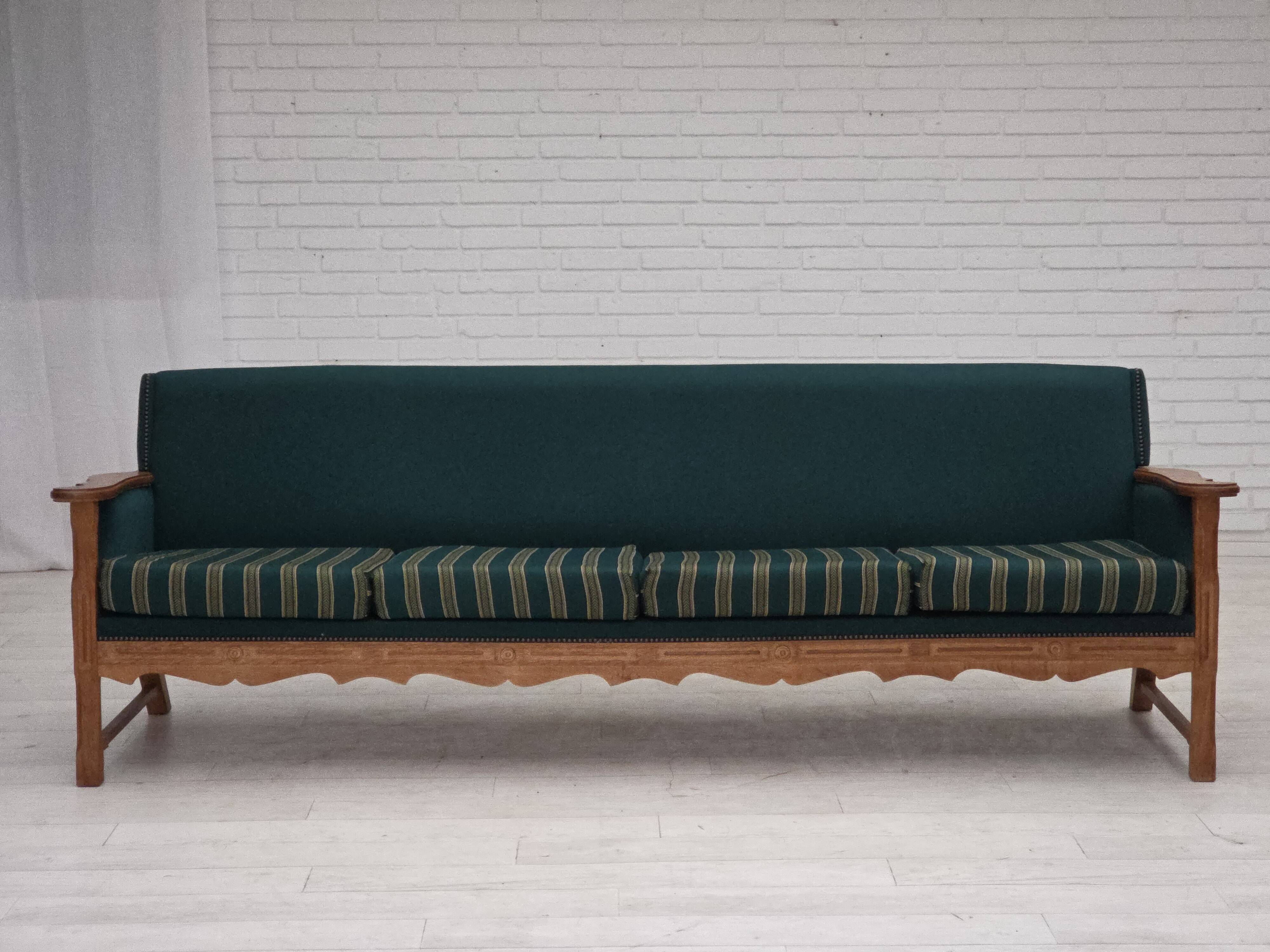 1970s, Danish 4-seater sofa, furniture wool, solid oak wood.