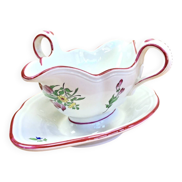 Ancienne saucière faïence Lunéville modèle réverbère rose tulipe