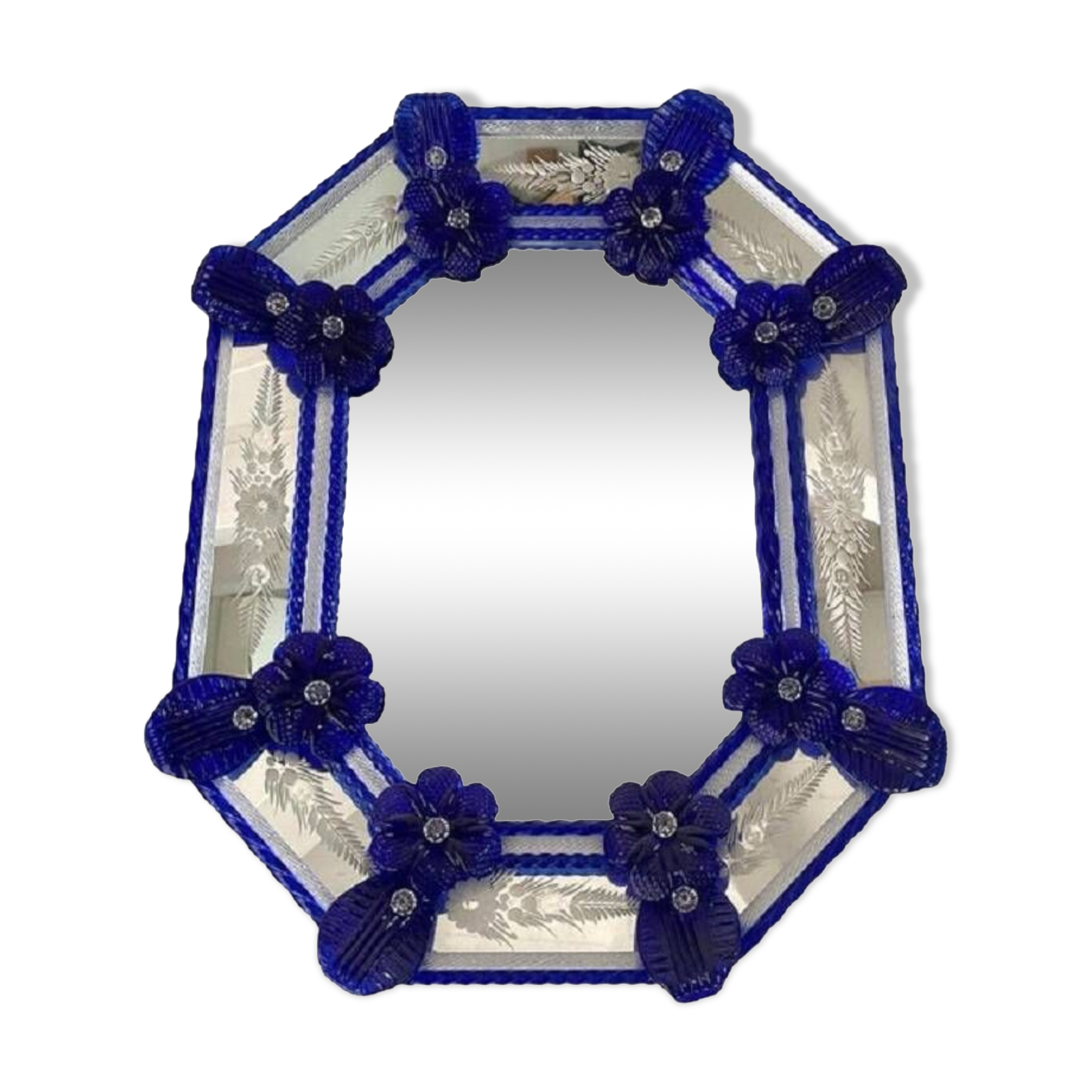 Venetian octagonal blue floreal hand-carving mirror in murano glass style