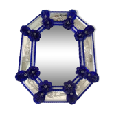 Miroir vénitien octogonal bleu floréal sculpté à la main dans le style du verre de murano