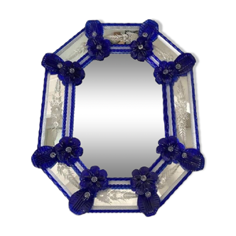 Venetian octagonal blue floreal hand-carving mirror in murano glass style