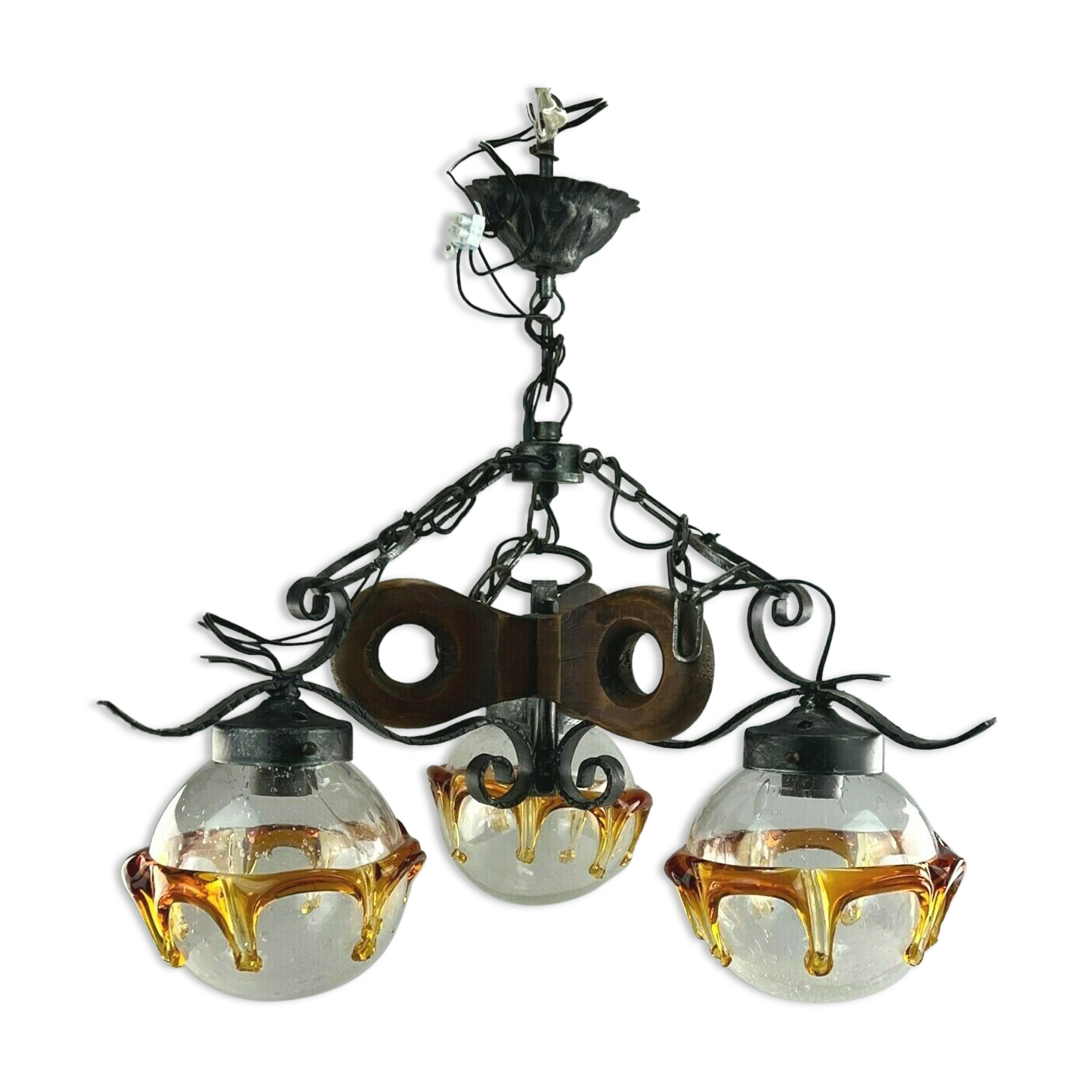 60s 70s Brutalist Ceiling Lamp Hanging Lamp Iron & Murano Glass 60s