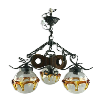 60s 70s Brutalist Ceiling Lamp Hanging Lamp Iron & Murano Glass 60s