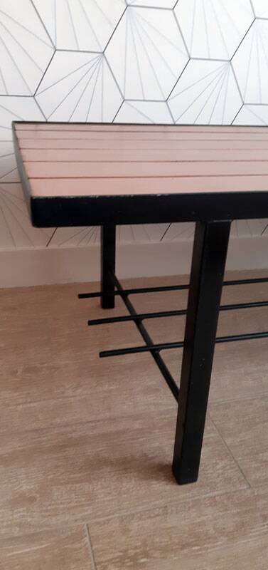 Vintage coffee table in ceramic, wood, and metal.