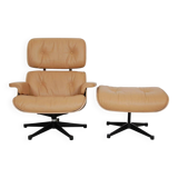 2-piece lounge chair with footstool, caramel, red leather, designed by Eames