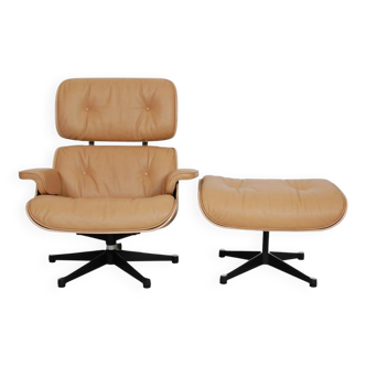 2-piece lounge chair with footstool, caramel, red leather, designed by Eames