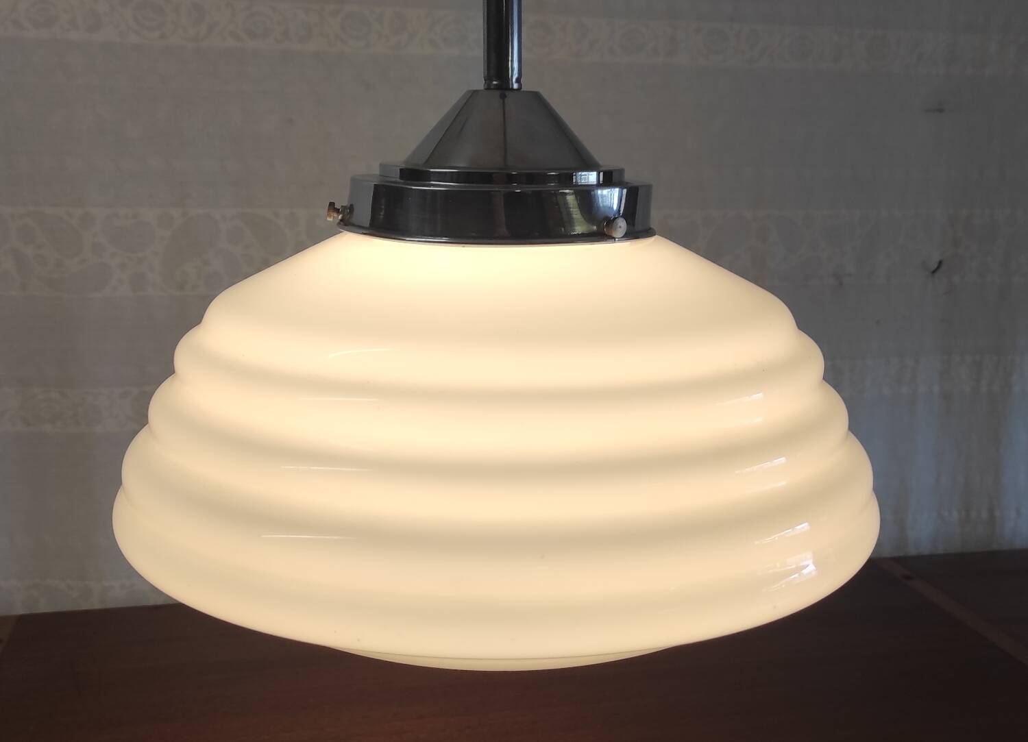 Bauhaus pendant light in chrome metal and opaline globe - 1950s