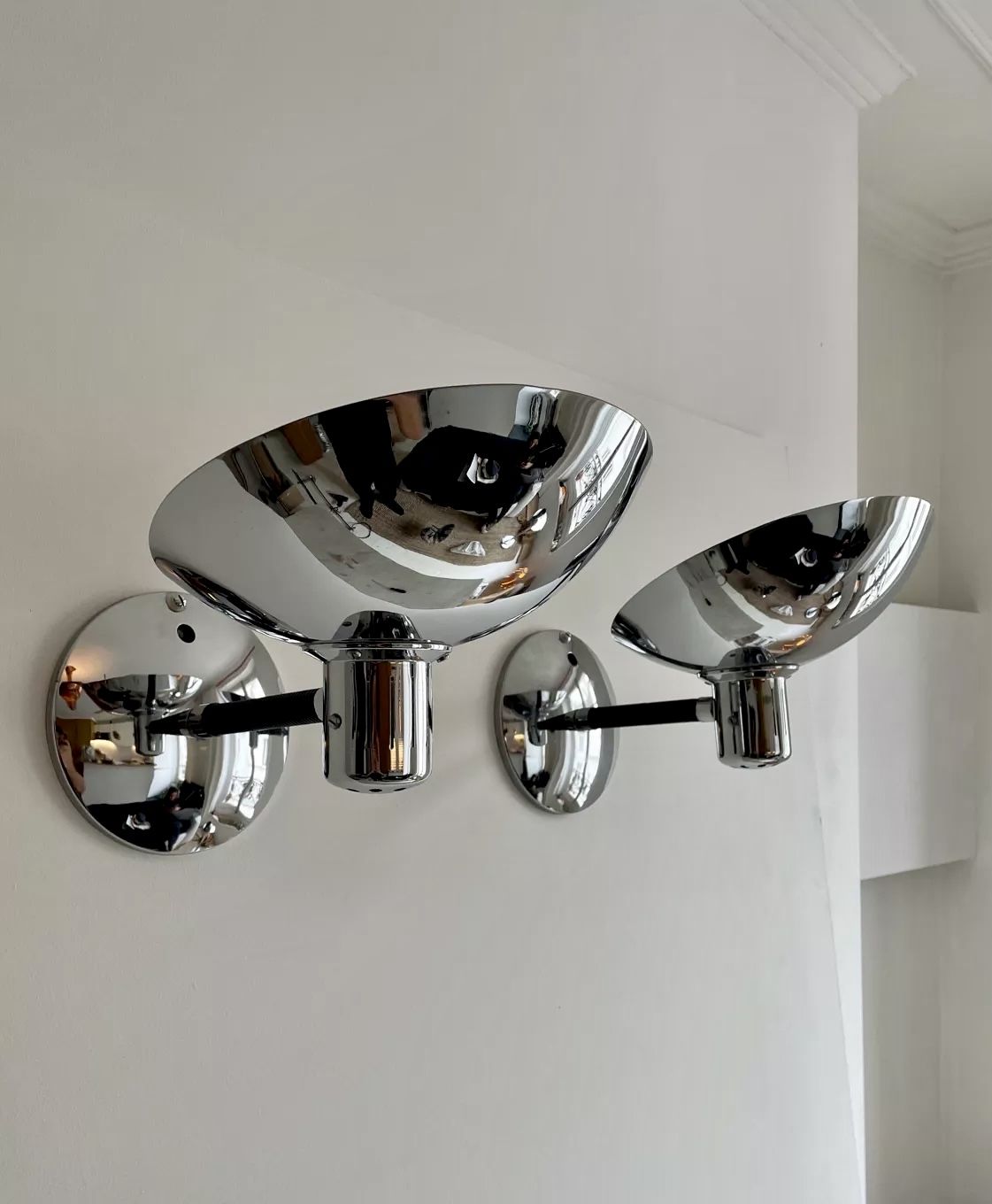 Pair of adjustable vintage wall lamps, chromed metal, France 1970