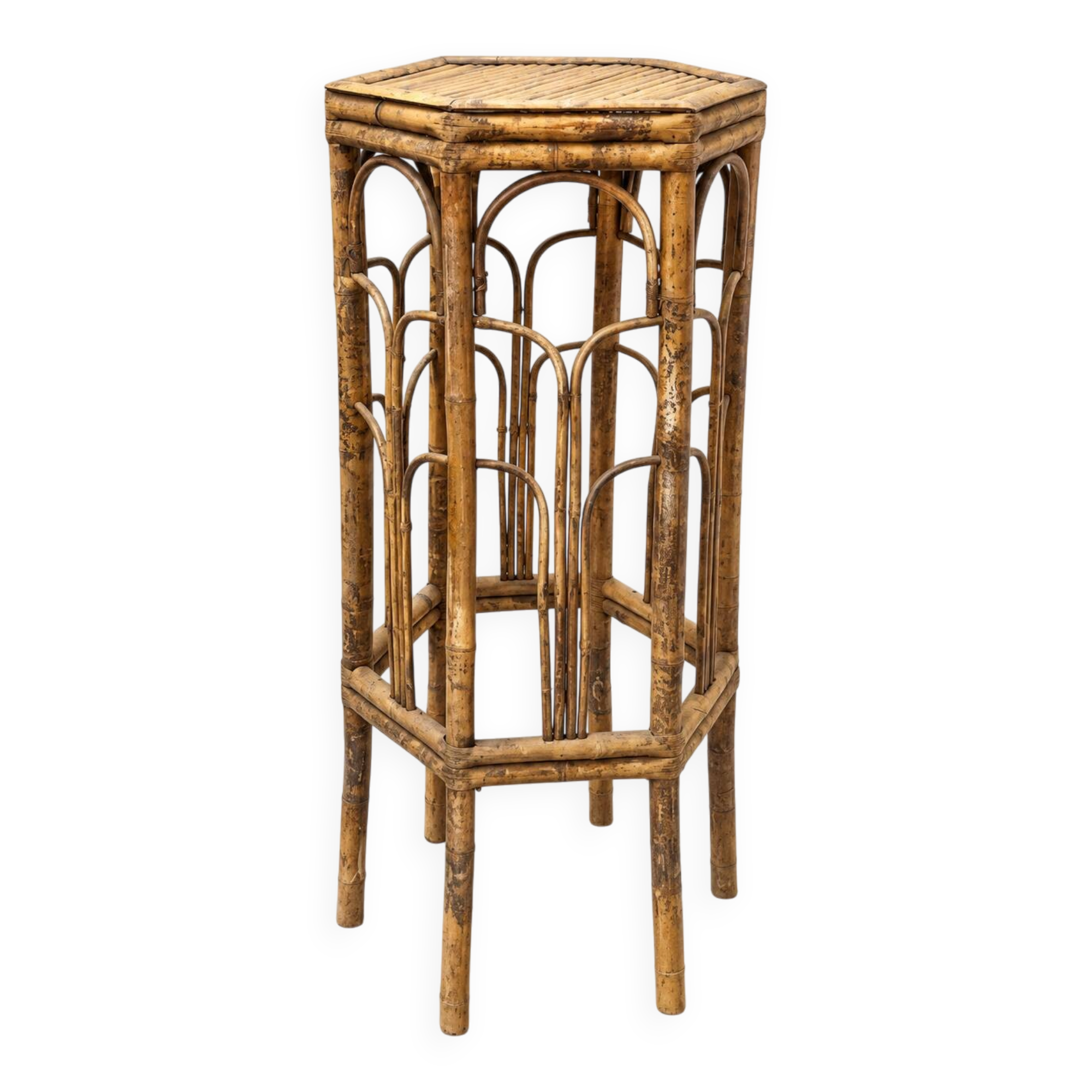 Antique bamboo and rattan stool – hexagonal shape