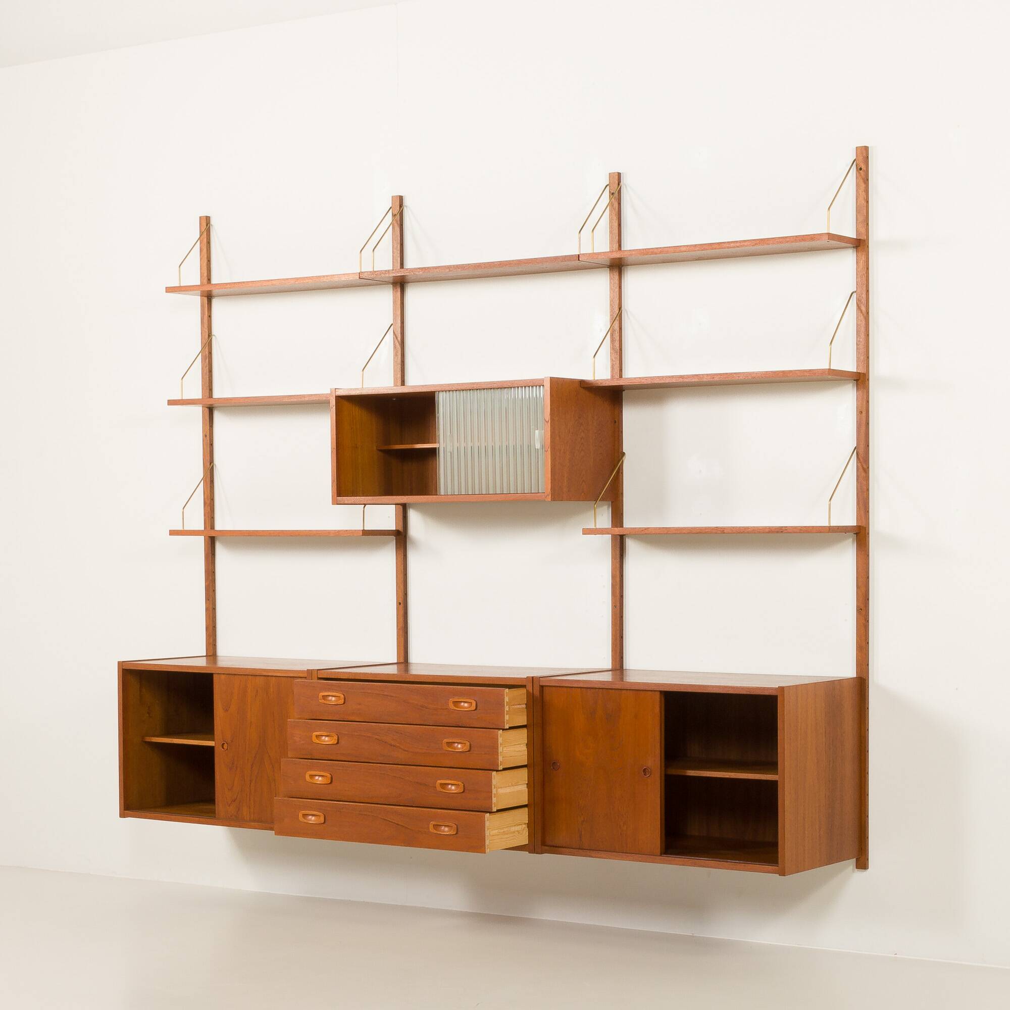 Preben Sorensen PS System three bay teak wall unit, Randers, Denmark 1960s