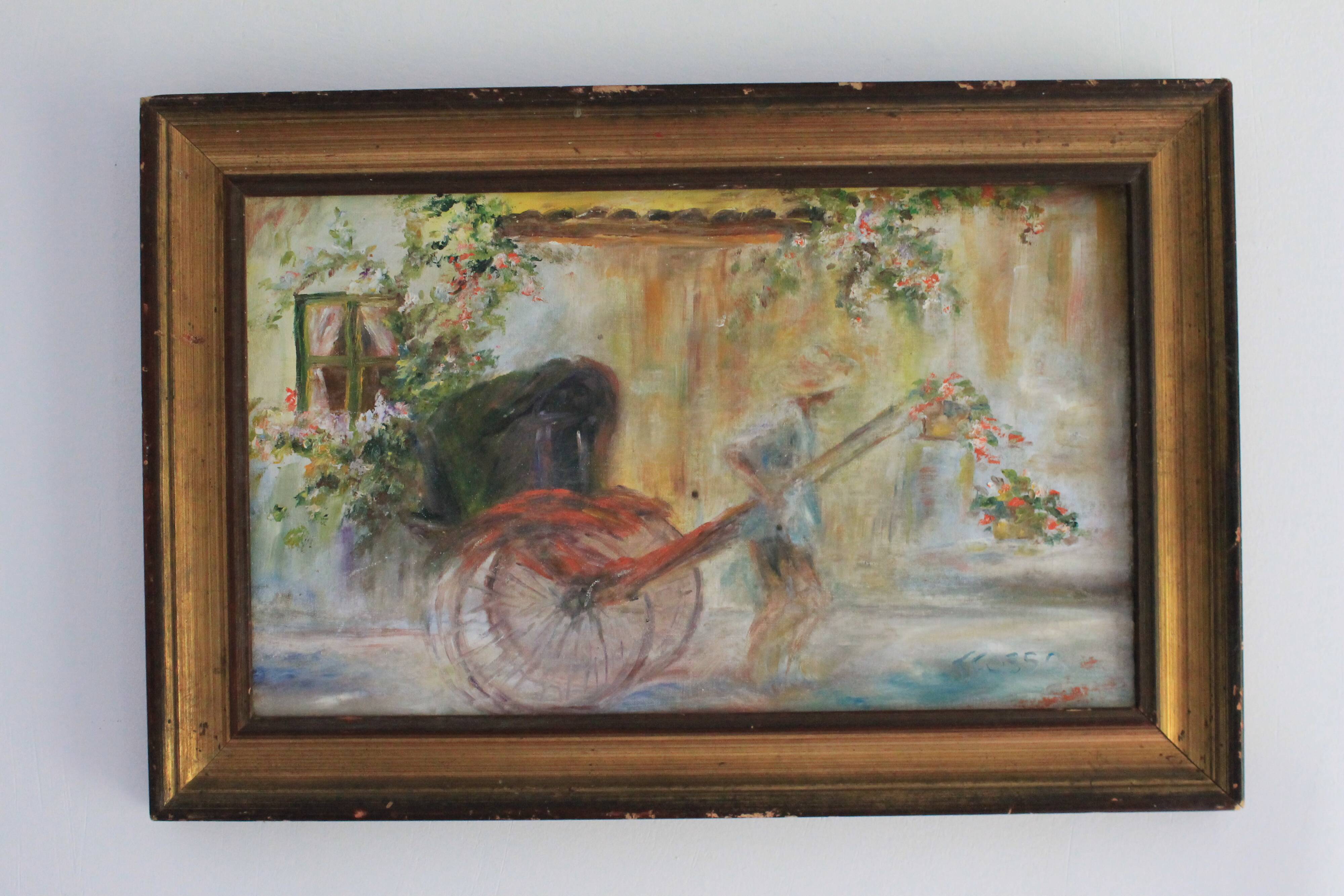 Oil on canvas signed F. Fosso, depicting a man pulling a cart.