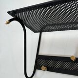 Coat rack in black lacquered metal, perforated sheet metal and brass in the style of Mathieu Matégot