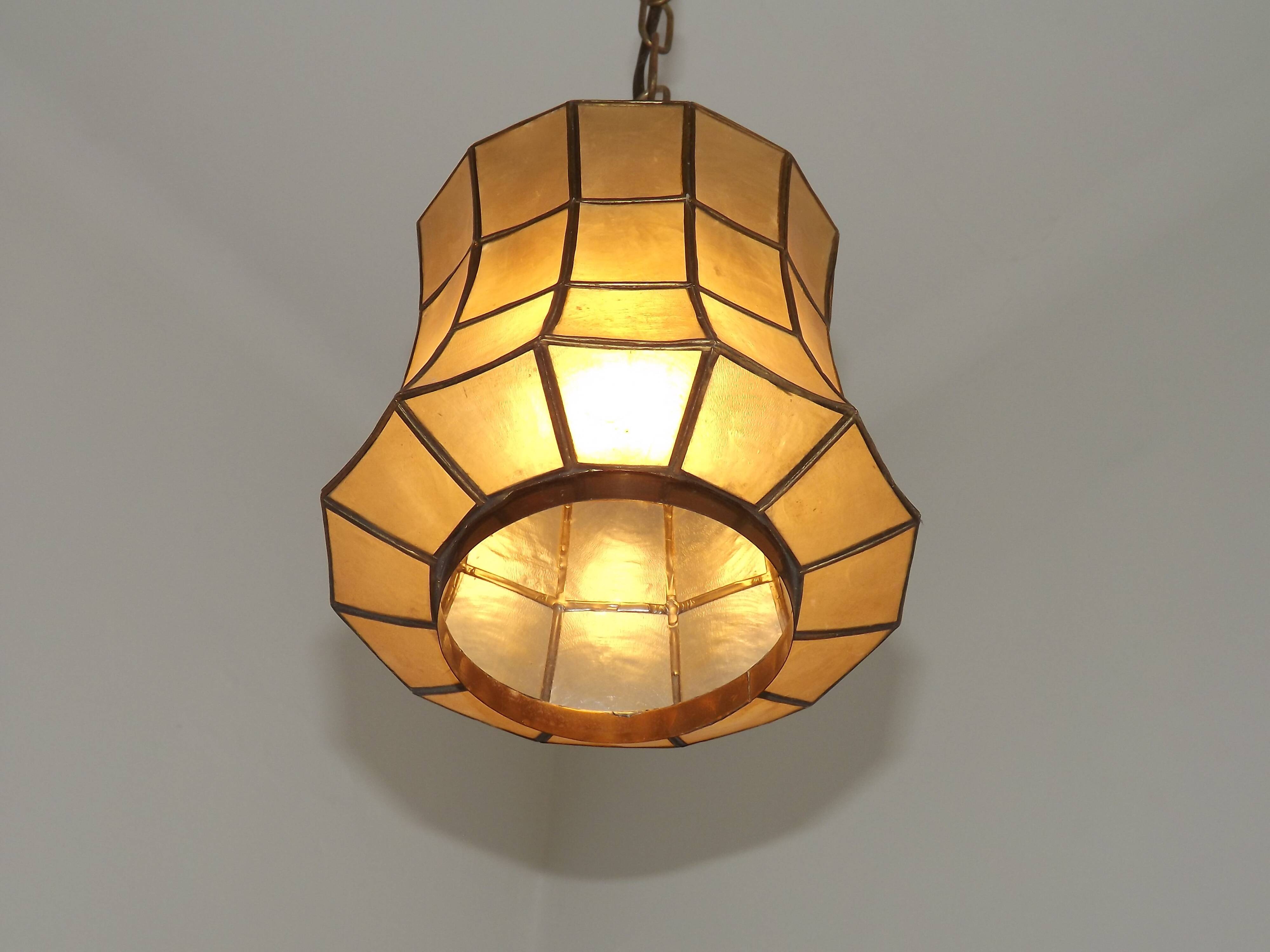 French Vintage Capiz Shell Hanging Pendant Light in Brass Metal and Copper