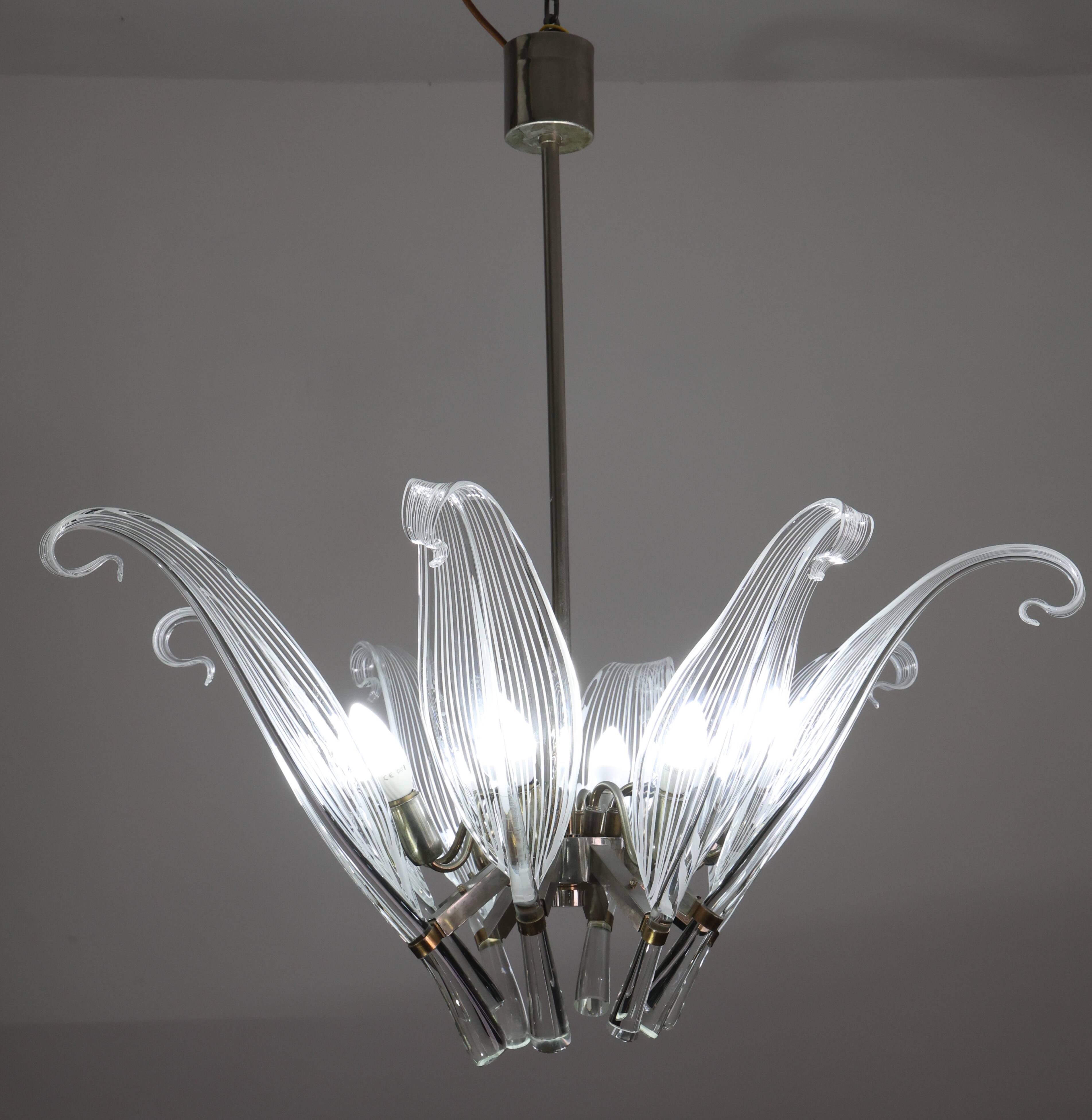Extraordinary Large Transparent Murano Glass Leaves Chandelier by Franco Lu
