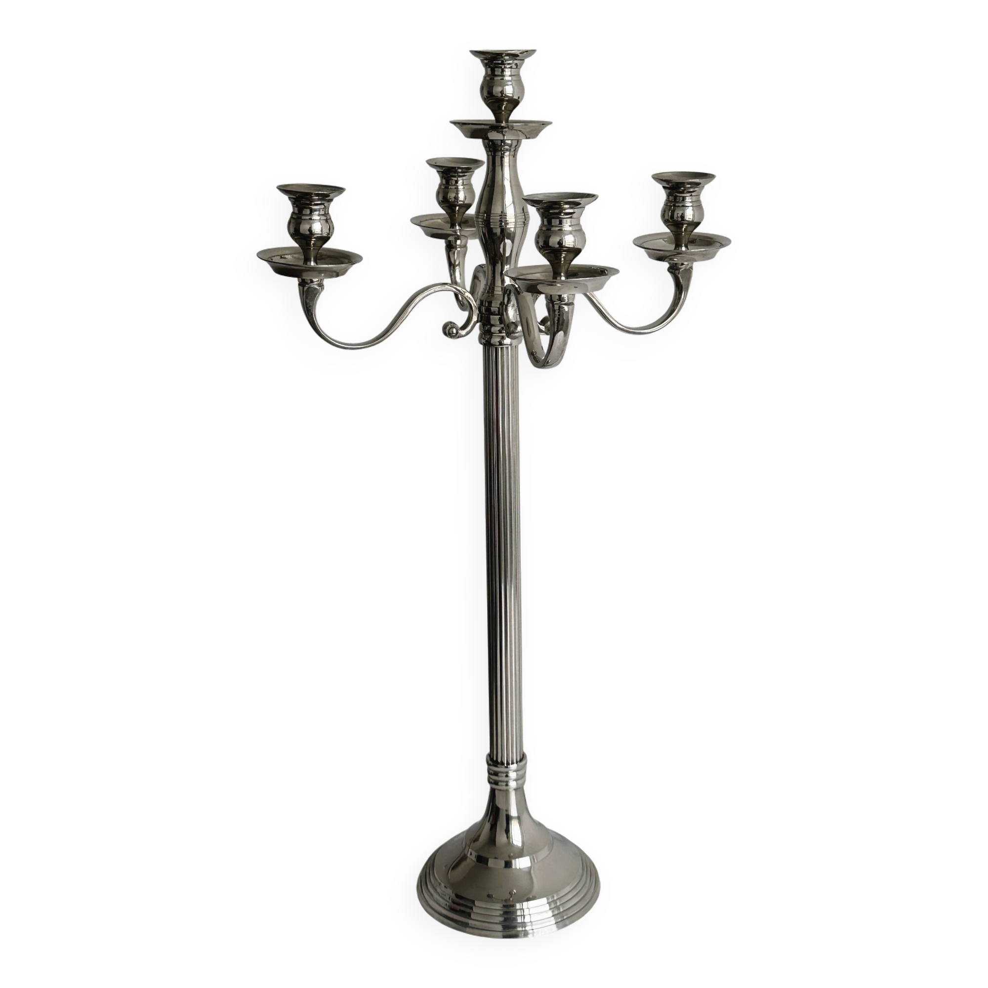 Large 5-arm candlestick in shiny silver metal
