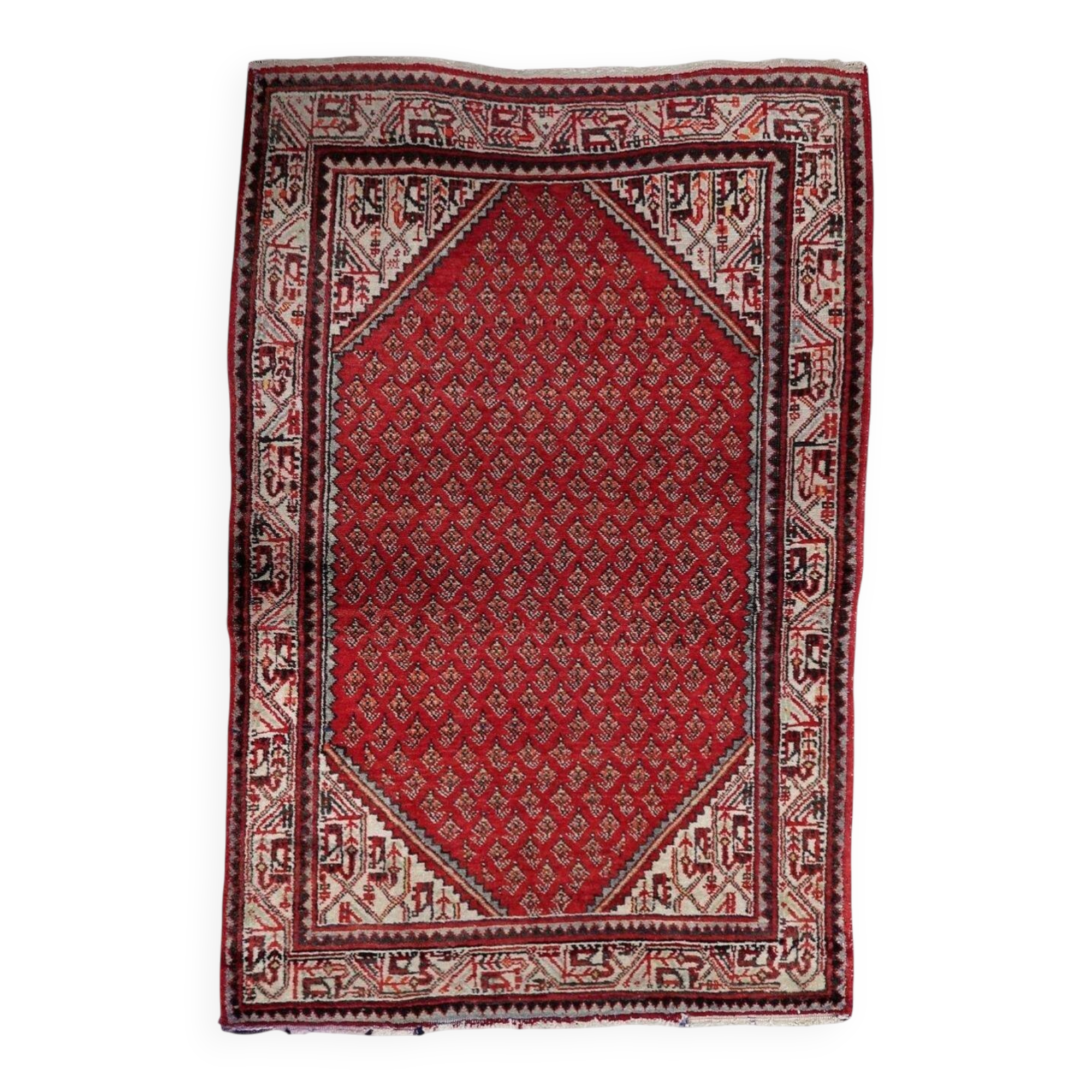 1950s Handmade Wool Boteh Rug, Red and Ivory, 104 × 156 cm - 1C1299