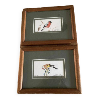 Watercolors signed didier chavigny "bouvreuil and goldfinch" dated and certified on the back