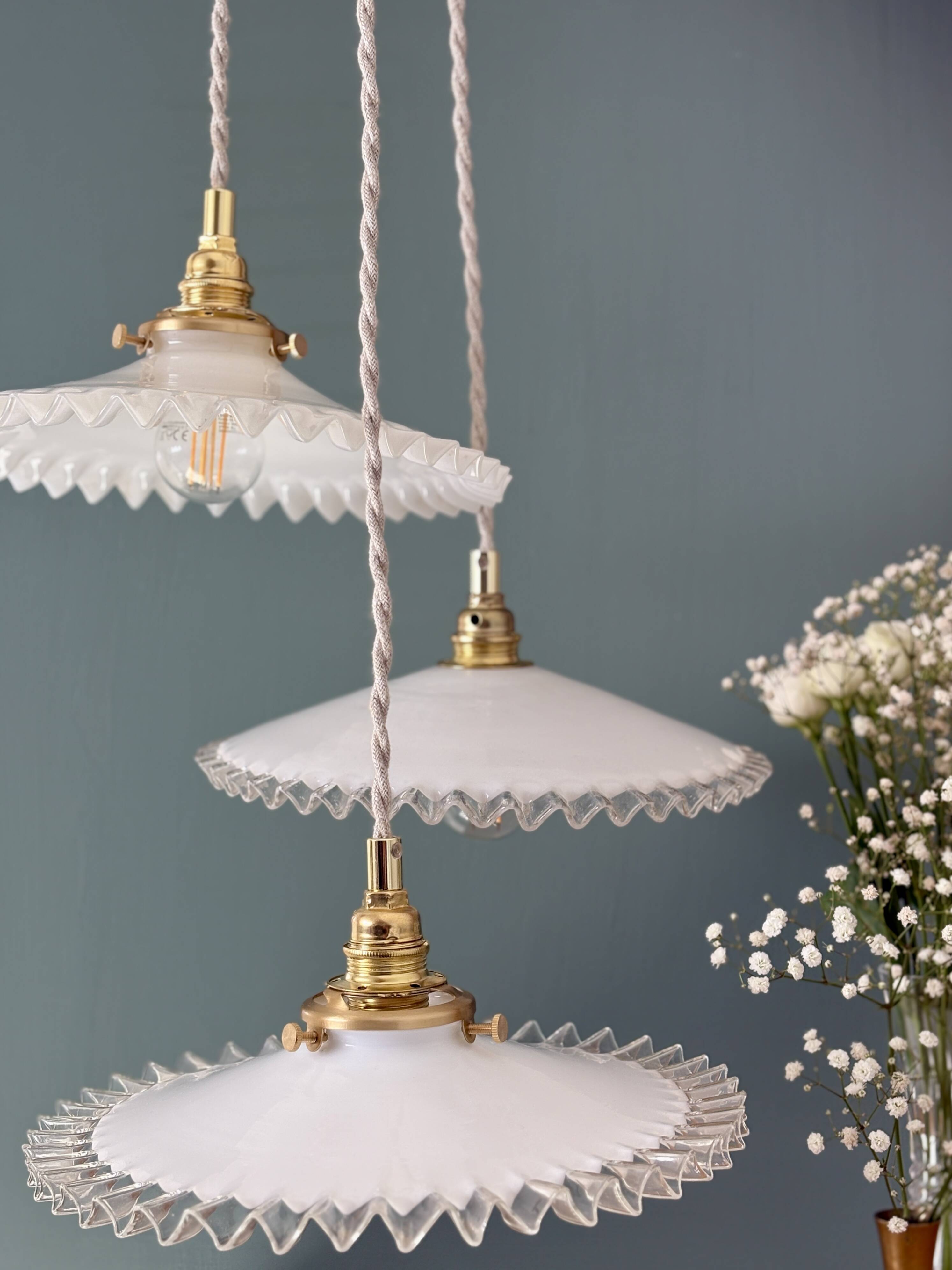 Vintage triple pendant lamp in white opaline