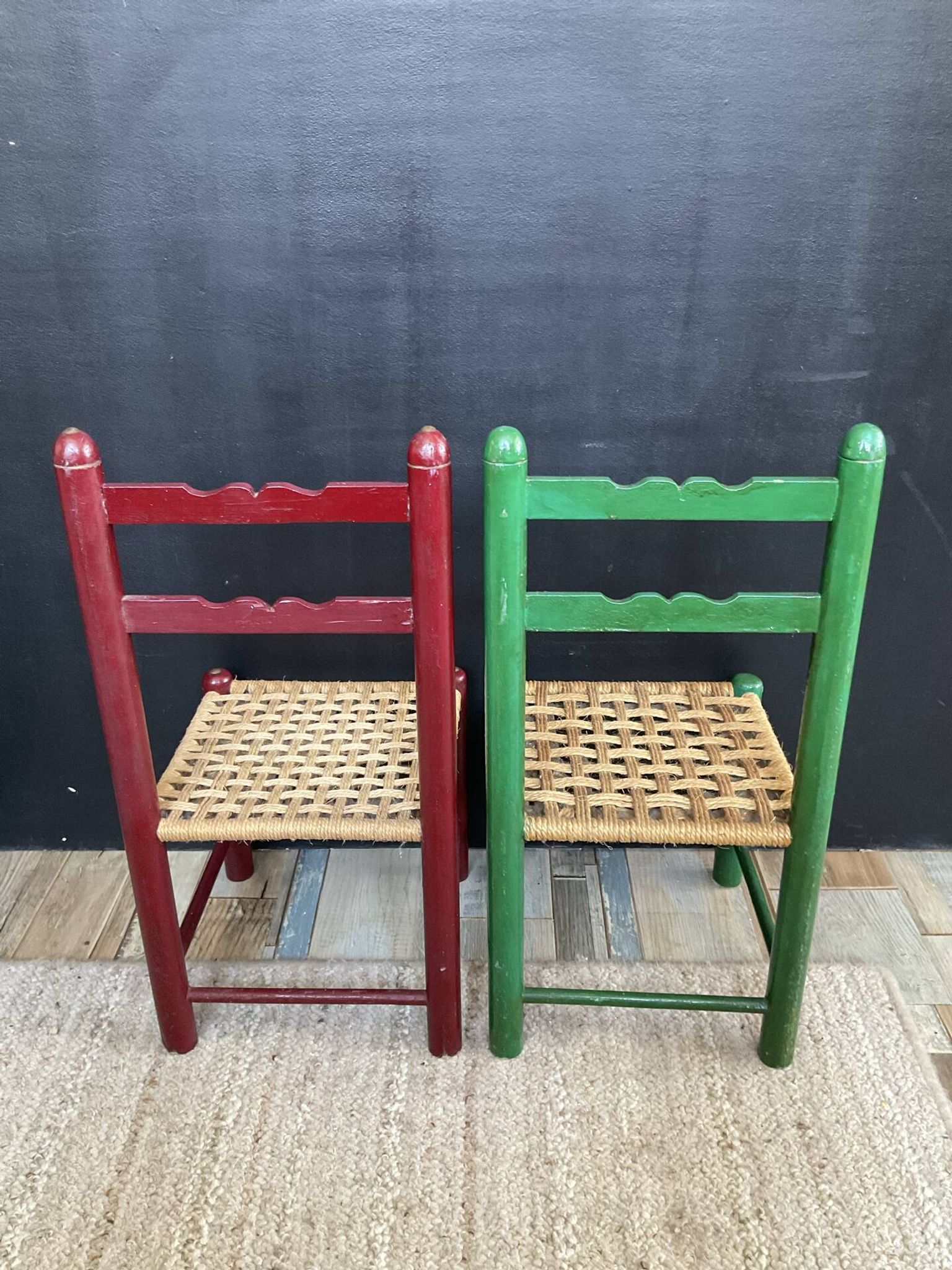 Vintage wooden and rope children's chair pair