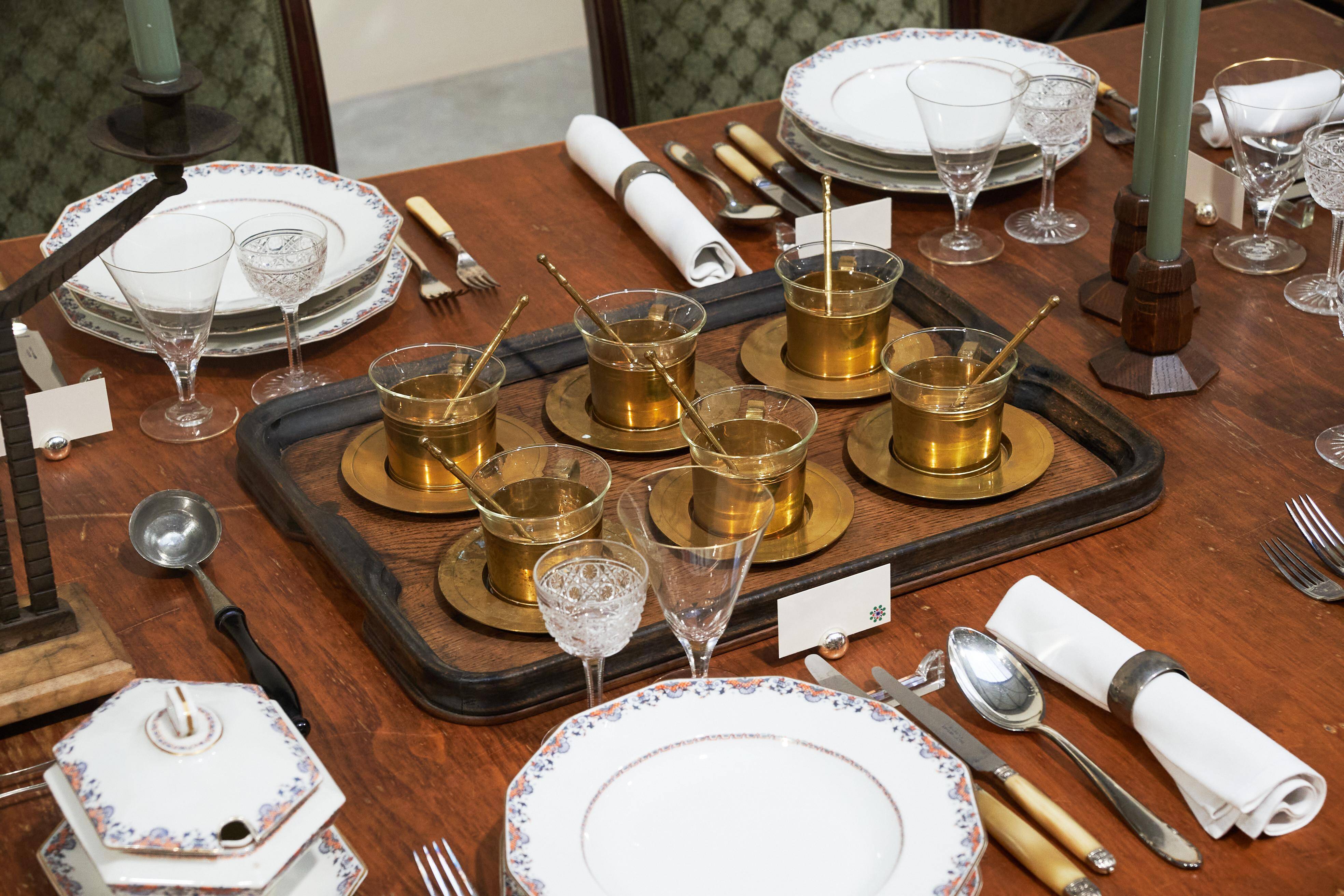 Mid-century tea service in patinated brass and glass