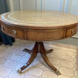 Table tambour 1900  merisier cuir et laiton
