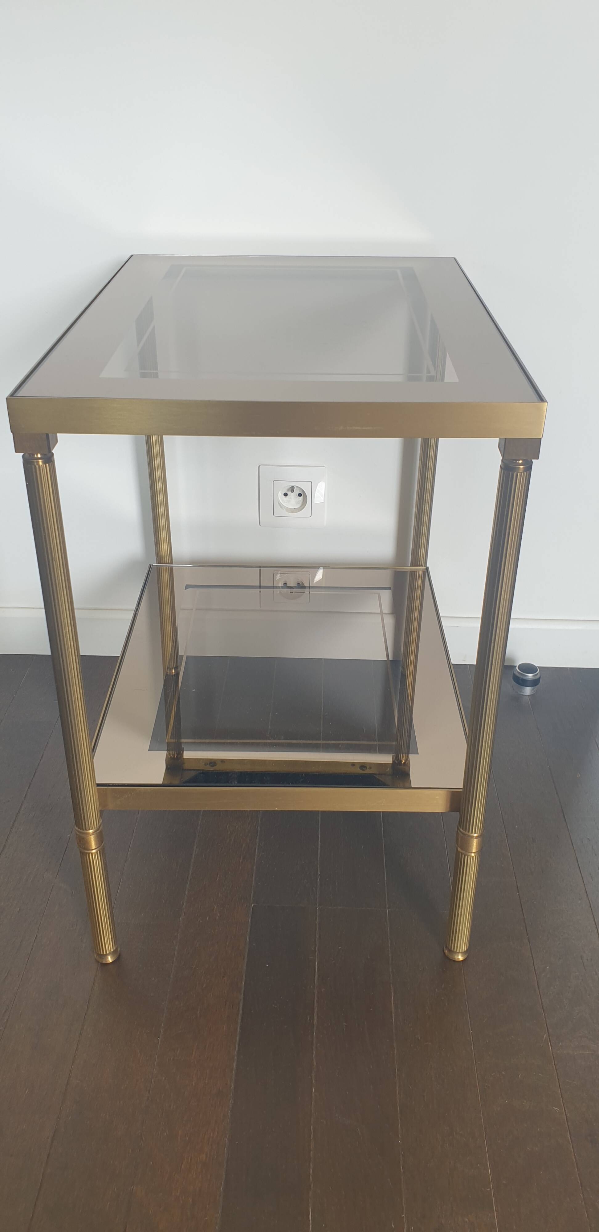 Double tray side table in brass and smoked glass.