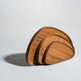 Trio of rounded triangular shaped trays or cups in monoxyl teak