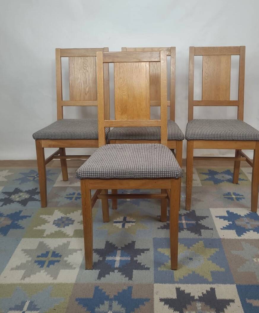 4 brutalist chairs in oak and checkered fabric, Denmark, 1960s