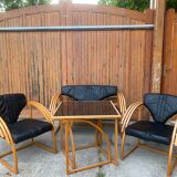 Mid-century leather sofa, 2 fotels, and table in sett