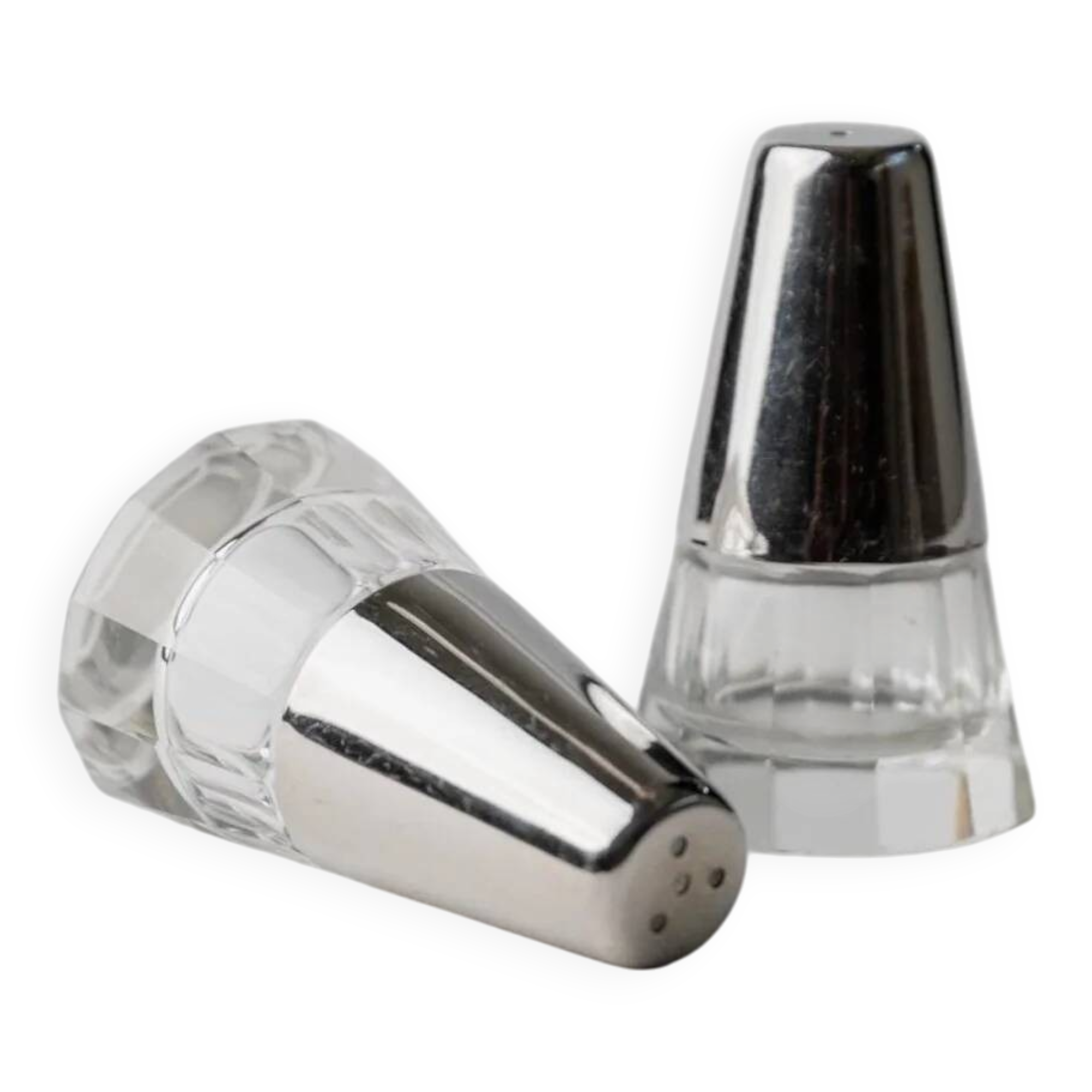 Vintage Argent Salt and Pepper Shakers with Clear Glass and Silver-Plated Caps, Conical Minimal Italian Design, 1950s