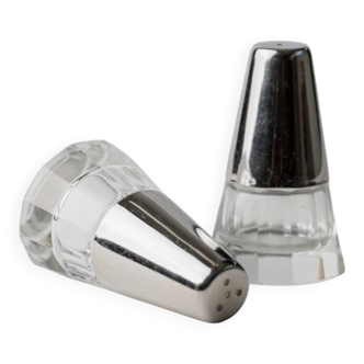 Vintage Argent Salt and Pepper Shakers with Clear Glass and Silver-Plated Caps, Conical Minimal Italian Design, 1950s