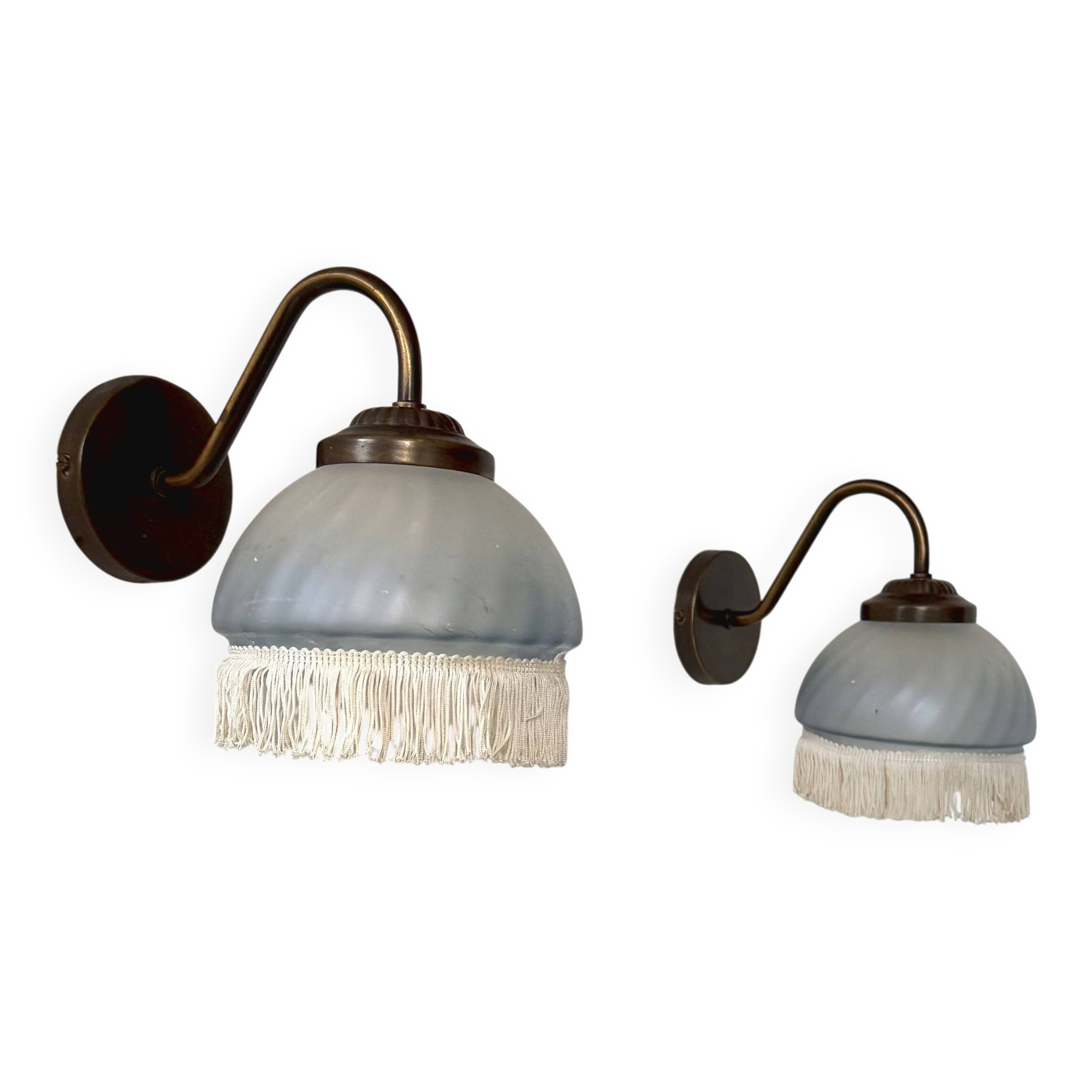 Pair of vintage wall lights in brass and blue-tinted glass, France 1970.