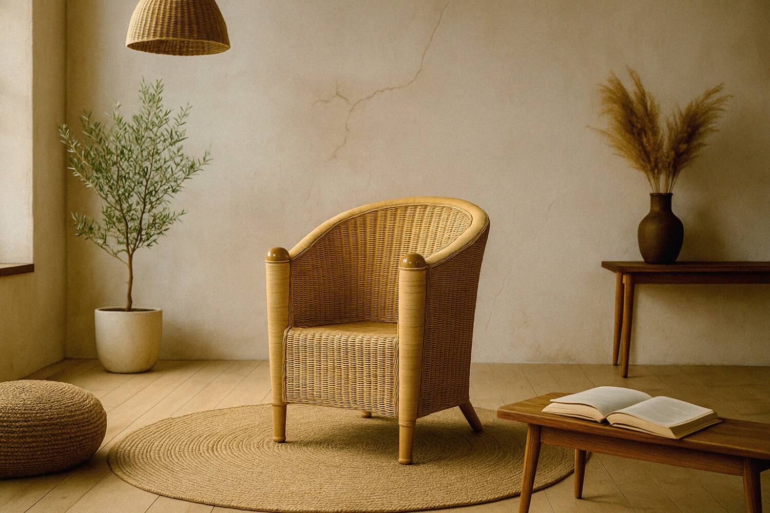 Vintage Mid-Century Italian Modern Boho Rattan Barrel Chair, 1970s