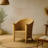 Vintage Mid-Century Italian Modern Boho Rattan Barrel Chair, 1970s