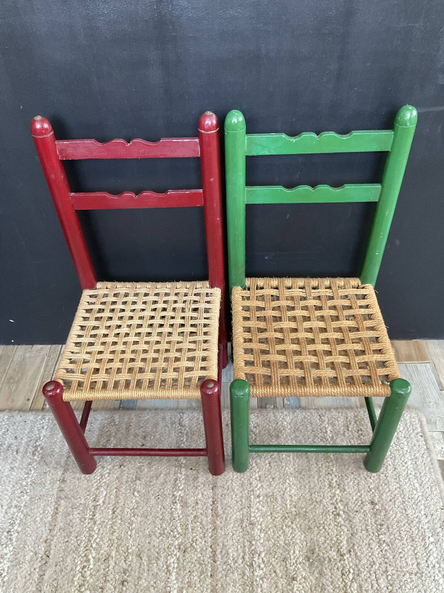 Vintage wooden and rope children's chair pair