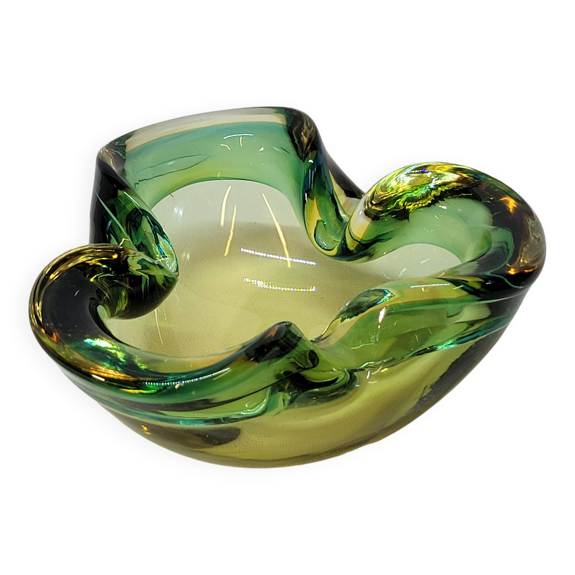 Empty Pocket Cup Ashtray Vintage Murano Glass Sommerso Green and Yellow