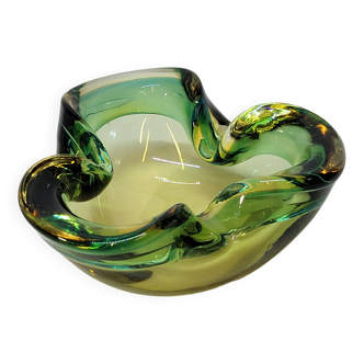Empty Pocket Cup Ashtray Vintage Murano Glass Sommerso Green and Yellow