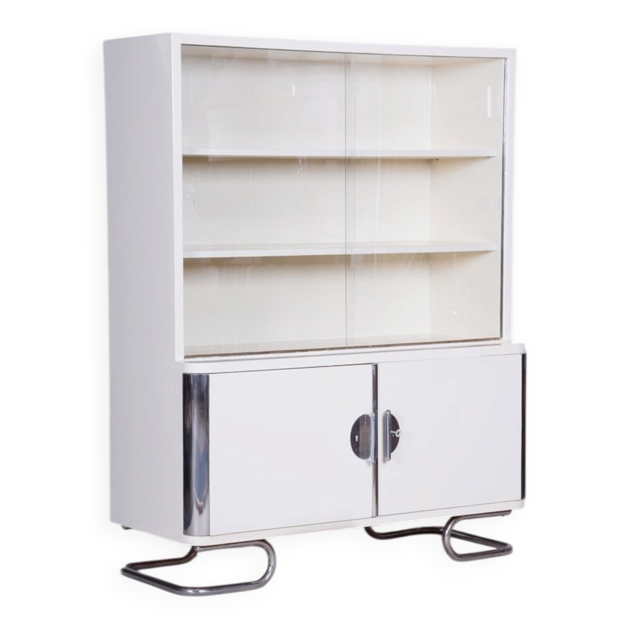 Bauhaus White Chrome-Plated Steel & Lacquered Wood Cabinet attributed to Vichr, 1930s