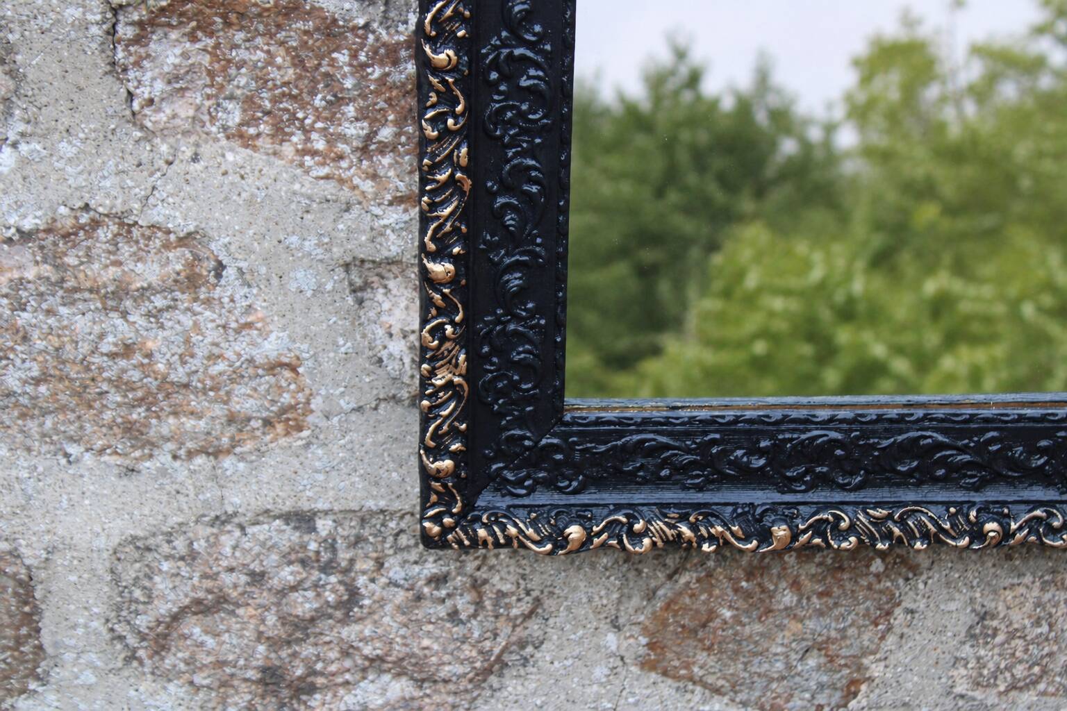 Vintage wooden and stucco mirror in patinated midnight blue with gold – baroque style – 51 ×