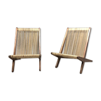 Pair of Danish rope and wood armchairs by Poul Kjaerholm and Jorgen Hoj, 1950s