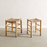 Pair of French Mid Century Wooden Straw Stools, 1960s