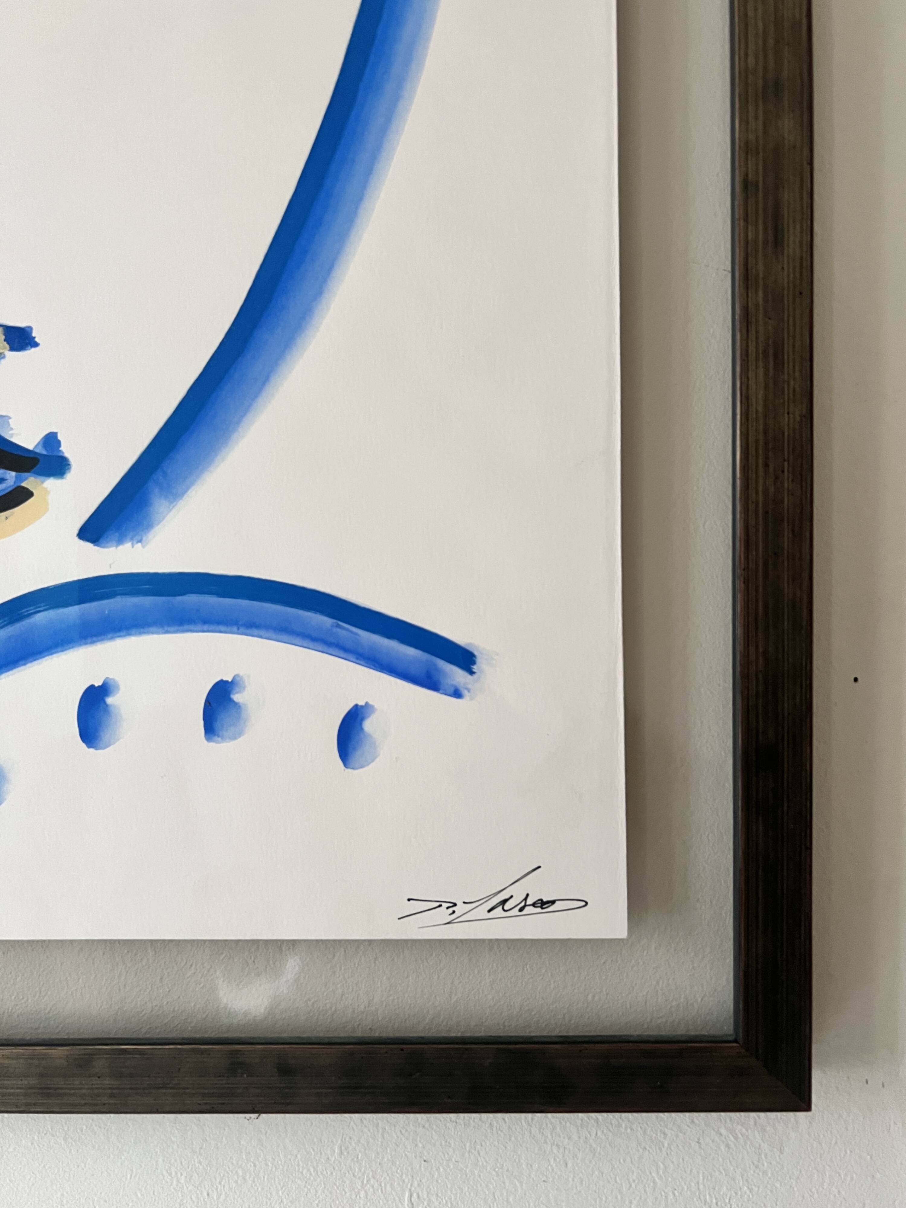 Cubist composition in blue, Vallauris style, signed Blasos.