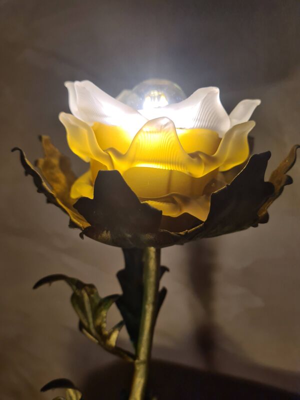 lampe acier patiné  bronze avec jolie tulipe verre ambré 44x16  elec neuve,