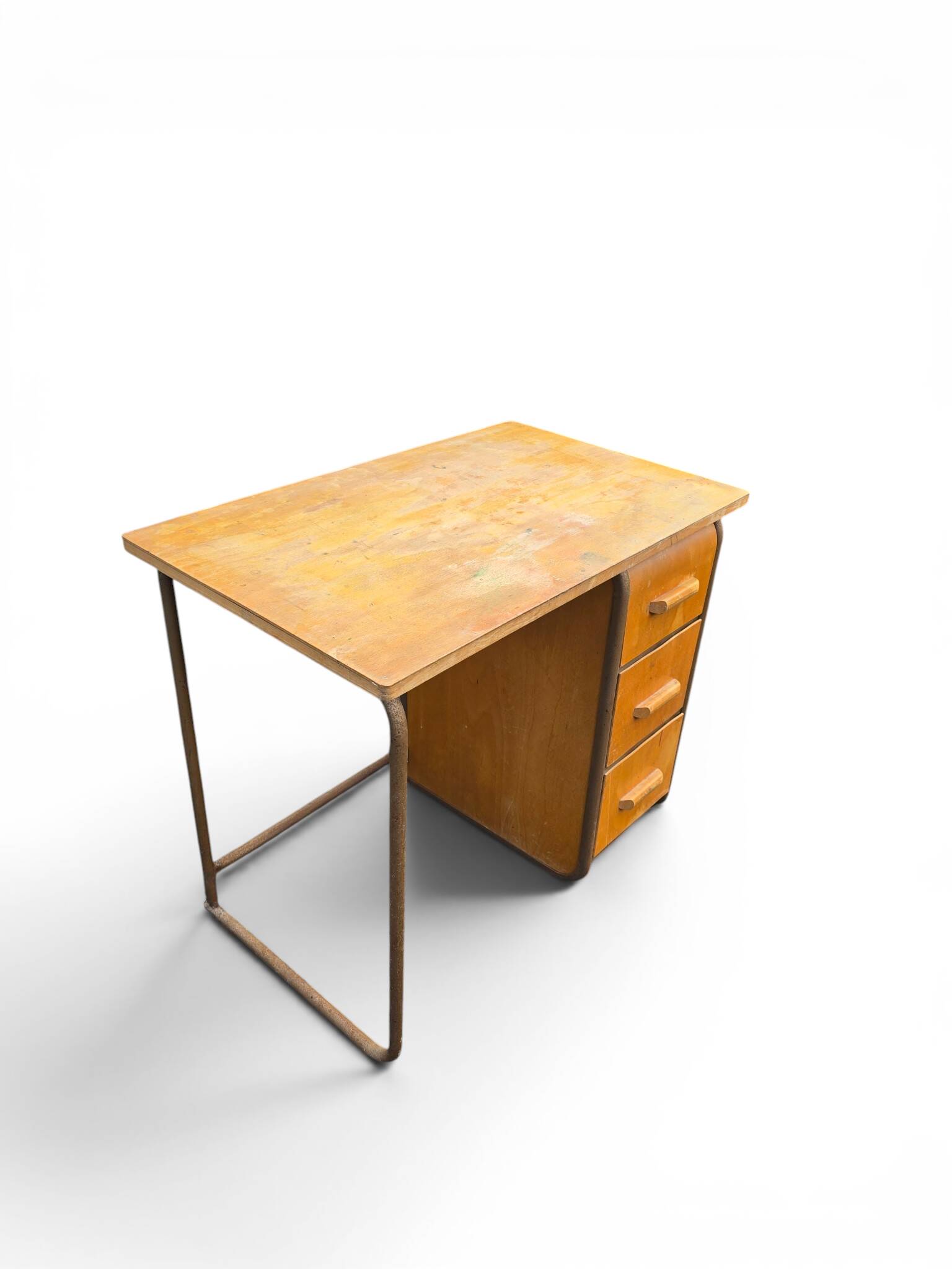 Vintage 1950s desk made of wood and metal with a 3-drawer unit.